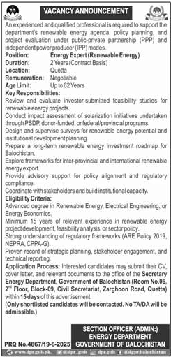 Energy Expert Jobs in Enery Department Balochistan